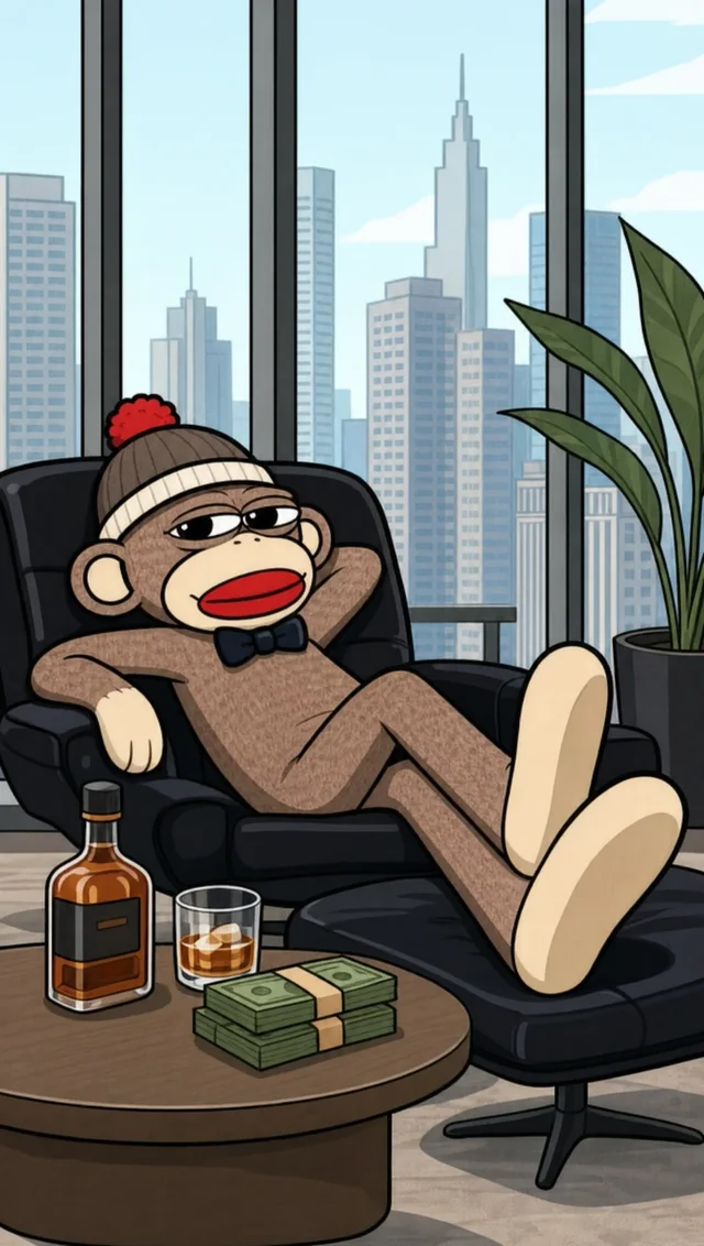 Luno with his feet up in a black leather recliner in a city penthouse, cash and a drink on the table