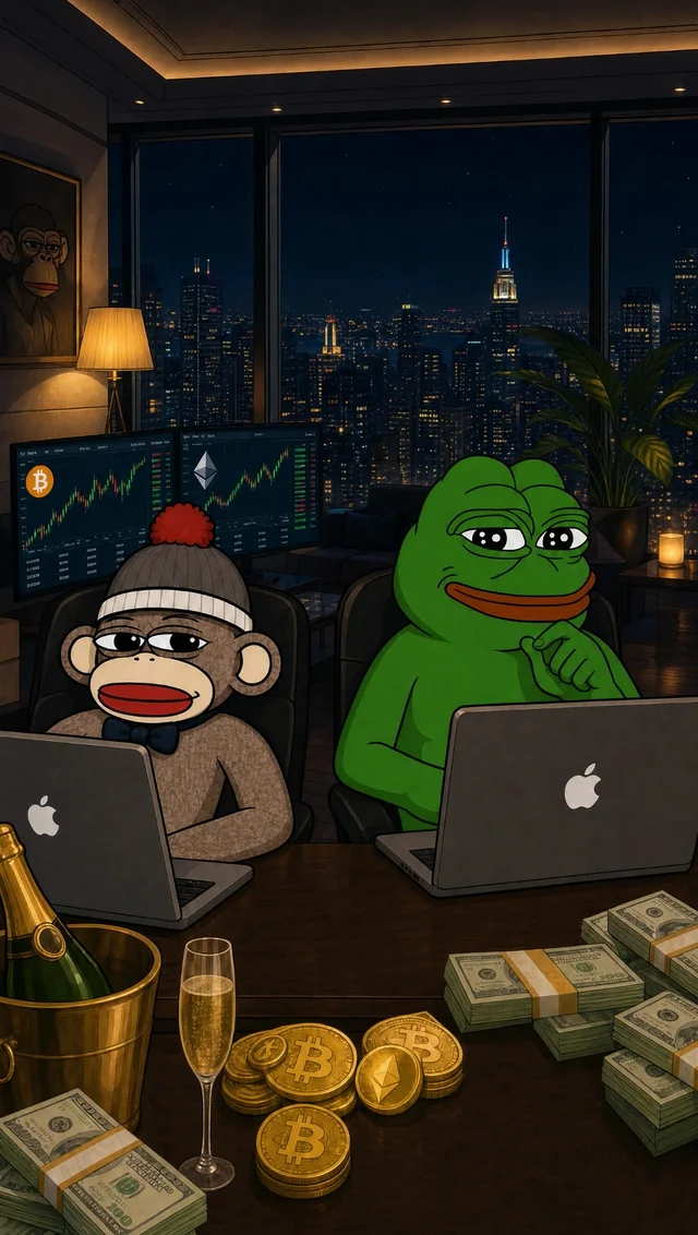Luno and a frog friend on laptops at a desk covered in cash and coins