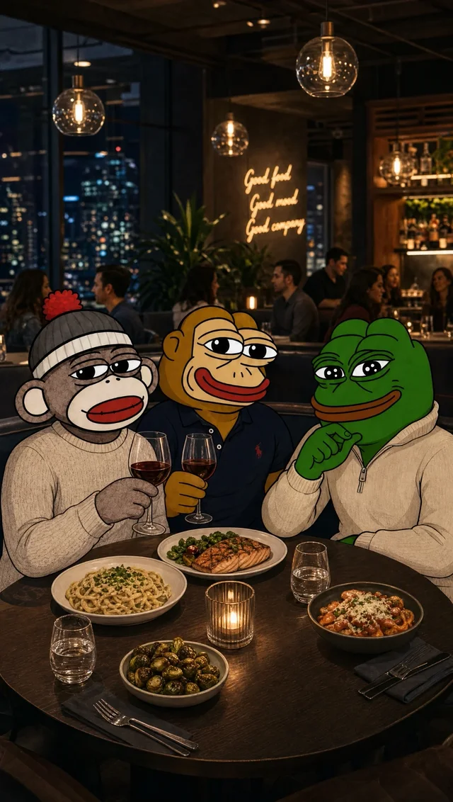 Luno and two friends raising a glass at dinner in a restaurant above the city